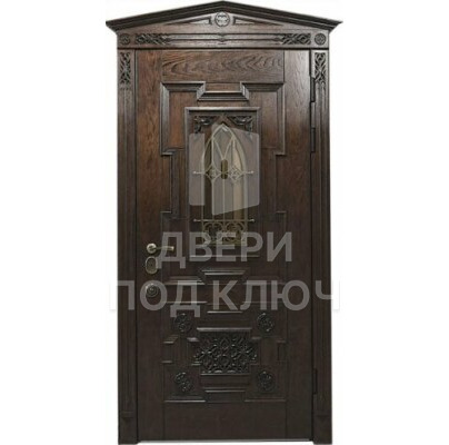 Филенчатая парадная багетная дверь со стеклопакетом и элементами ковки ДПК-11522